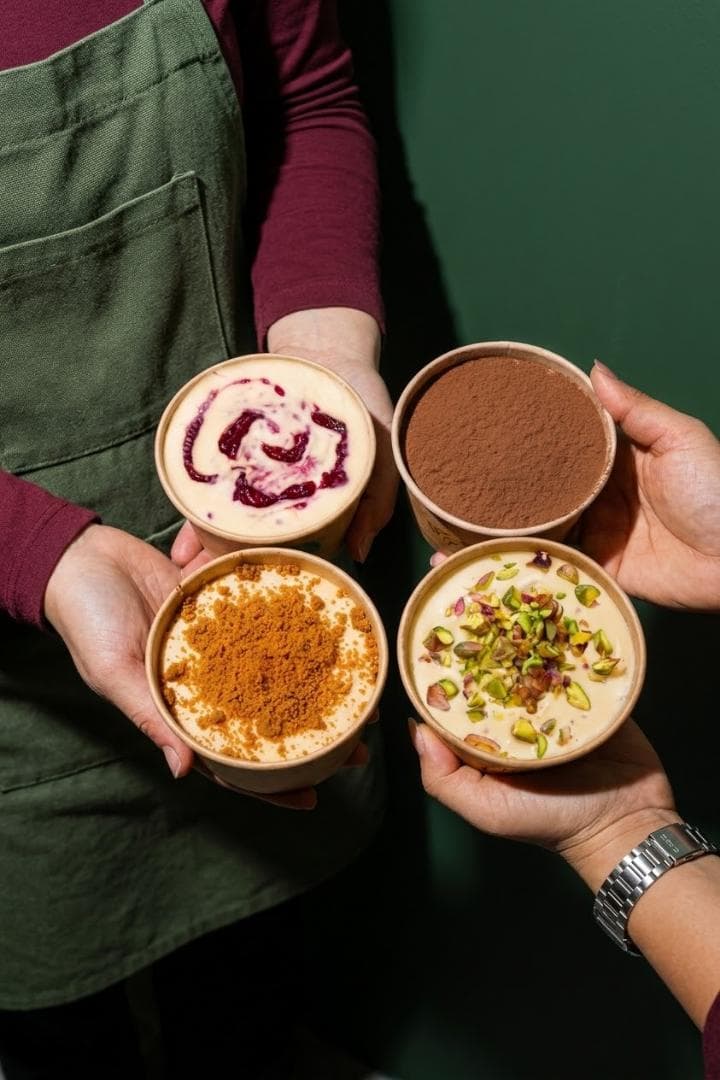 Manos compartiendo cuatro variedades de tiramisú Ophelia: clásico, Biscoff, frambuesa y pistacho